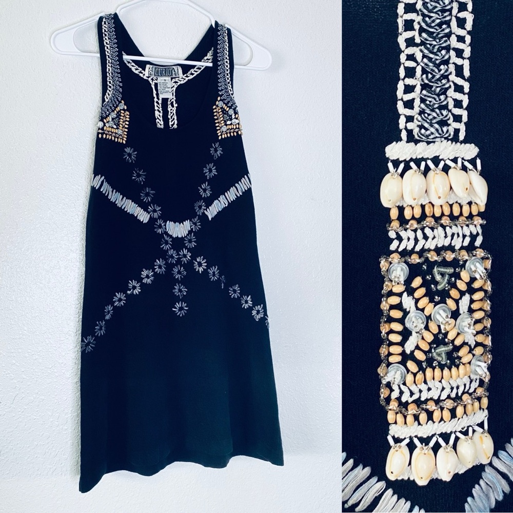 🍓 Curio Beaded Shells Embroidered Knit Coastal Boho Vacation Coverup Tunic Small